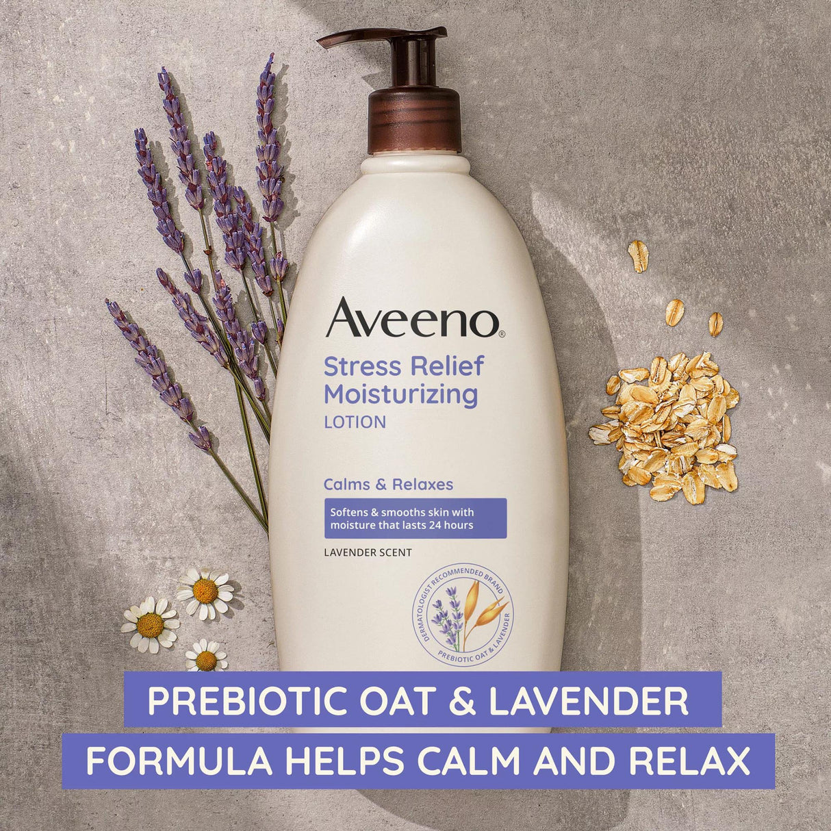 Hand and Body Moisturizer Aveeno® Stress Relief 12 oz. Pump Bottle Lavender Scent Lotion - BeHope