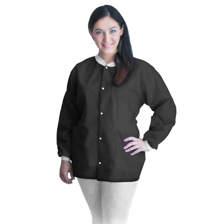 Lab Jacket FitMe™ Black Large Hip Length 3-Layer SMS Disposable - BeHope