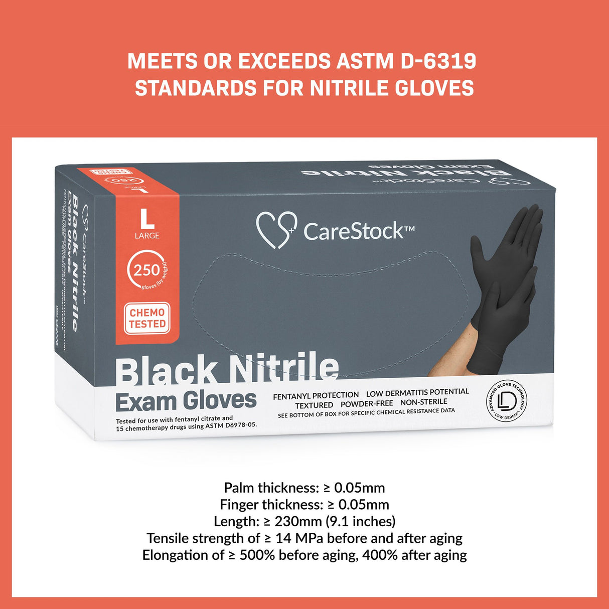 Exam Glove CareStock™ Large NonSterile Nitrile Standard Cuff Length Fully Textured Black Not Rated - BeHope
