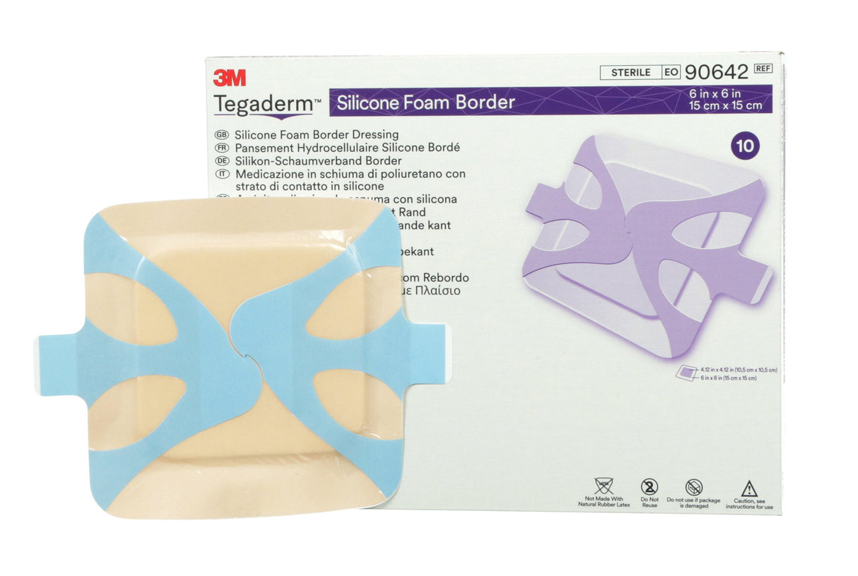 Foam Dressing 3M™ Tegaderm™ 6 X 6 Inch With Border Film Backing Silicone Adhesive Square Sterile - BeHope