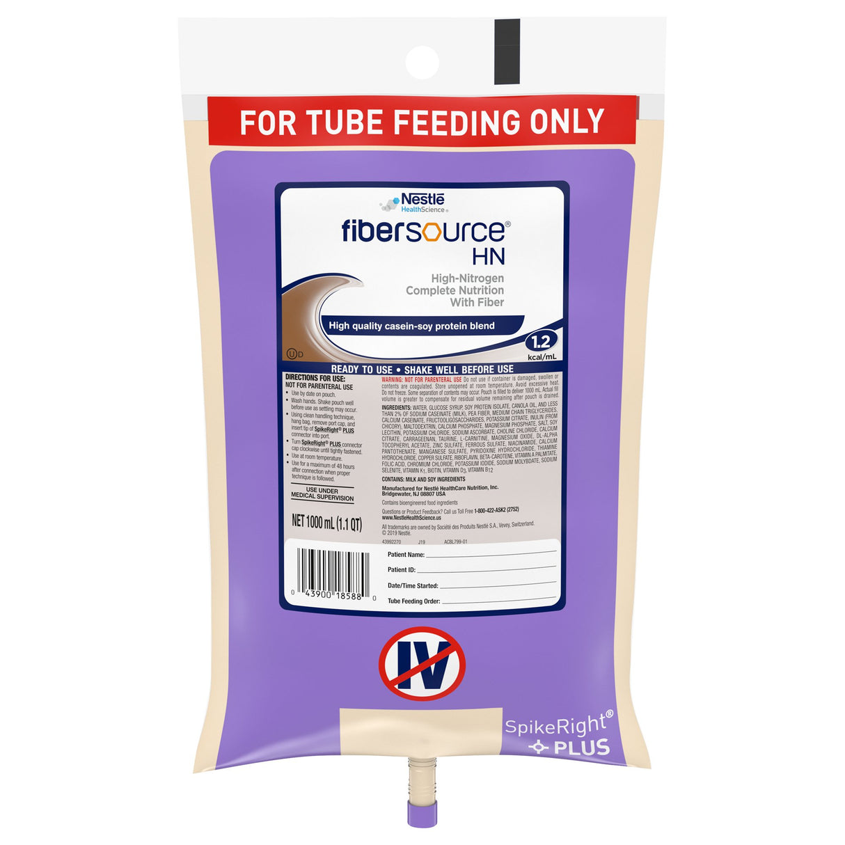Tube Feeding Formula Fibersource® HN Unflavored Liquid 1000 mL Ready to Hang Prefilled Container - BeHope