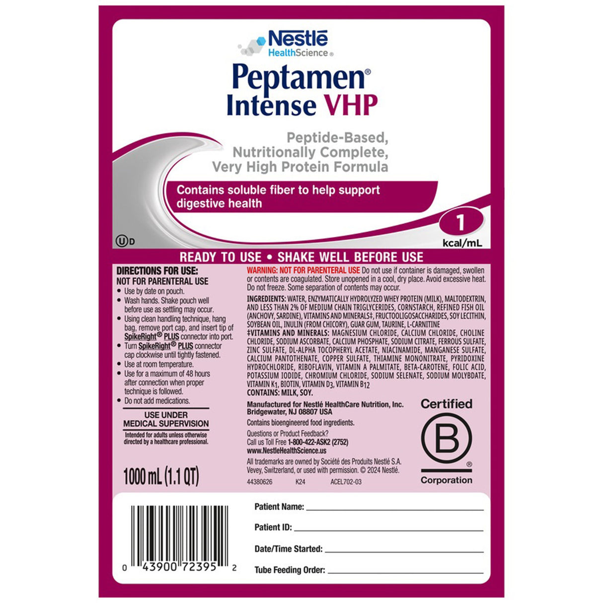 Tube Feeding Formula Peptamen® Intense VHP Unflavored Liquid 1000 mL Ready to Hang Prefilled Container - BeHope