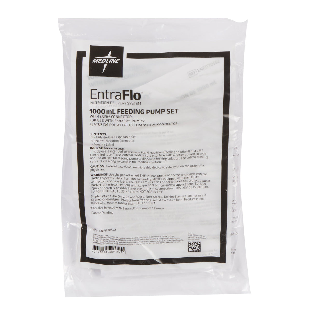 Enteral Feeding Pump Bag Set with ENFit® Connector Medline EntraFlo™ 1000 mL Silicone NonSterile Stepped Transition Connector - BeHope