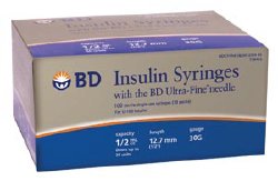 Standard Insulin Syringe with Needle Ultra-Fine™ 0.5 mL 1/2 Inch 30 Gauge NonSafety Regular Wall - BeHope