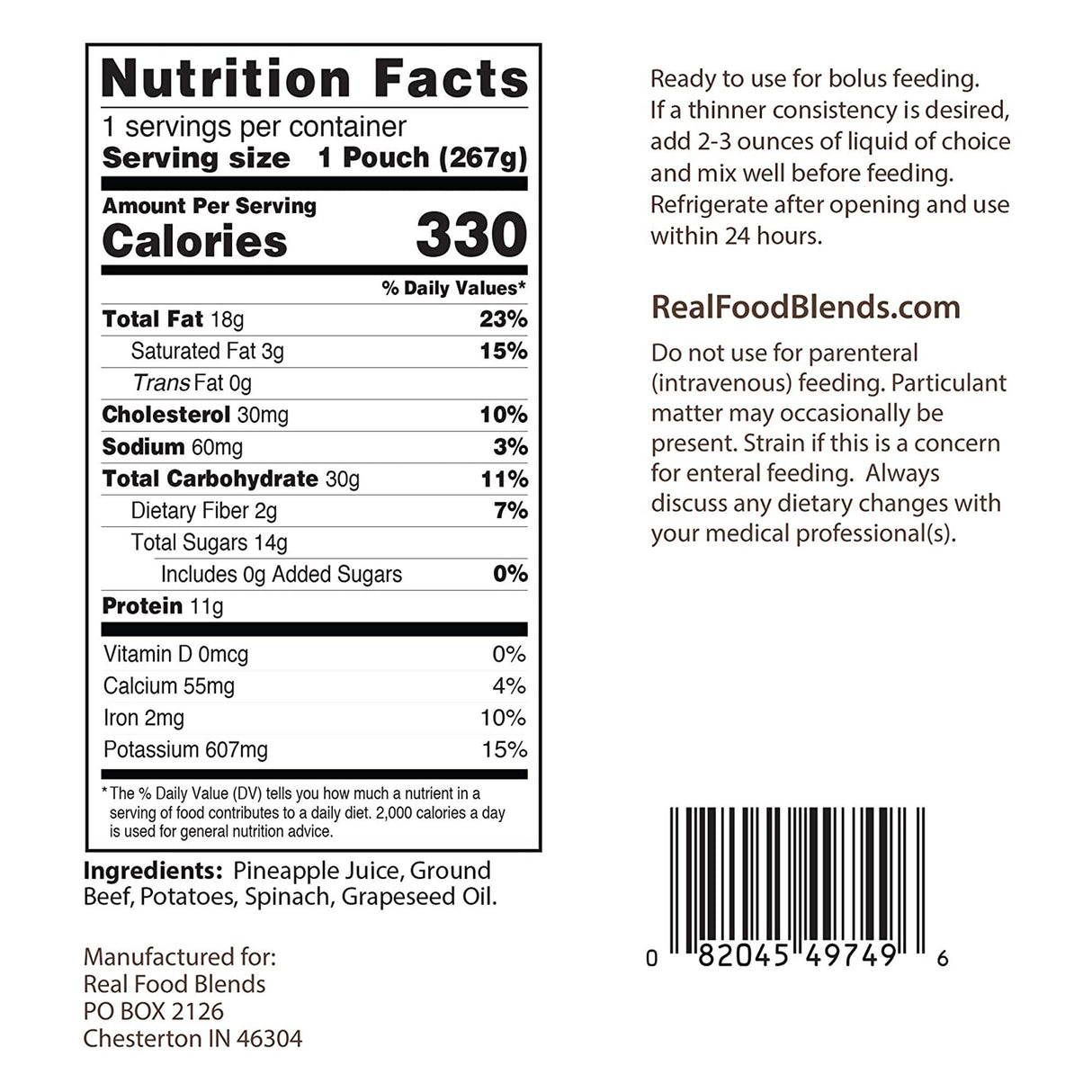 Tube Feeding Formula Real Food Blends® Beef / Potatoes / Spinach Flavor Liquid 9.4 oz. Pouch - BeHope