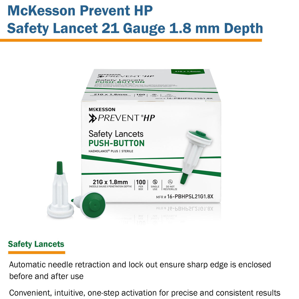 Safety Lancet McKesson Prevent® HP 21 Gauge Retractable Push Button Activation Finger - BeHope