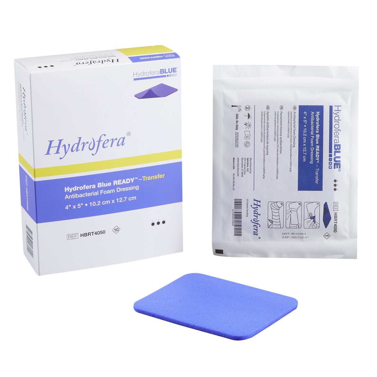 Antibacterial Foam Dressing Hydrofera BLUE® READY-Transfer 4 X 5 Inch Without Border Without Film Backing Nonadhesive Rectangle Sterile - BeHope