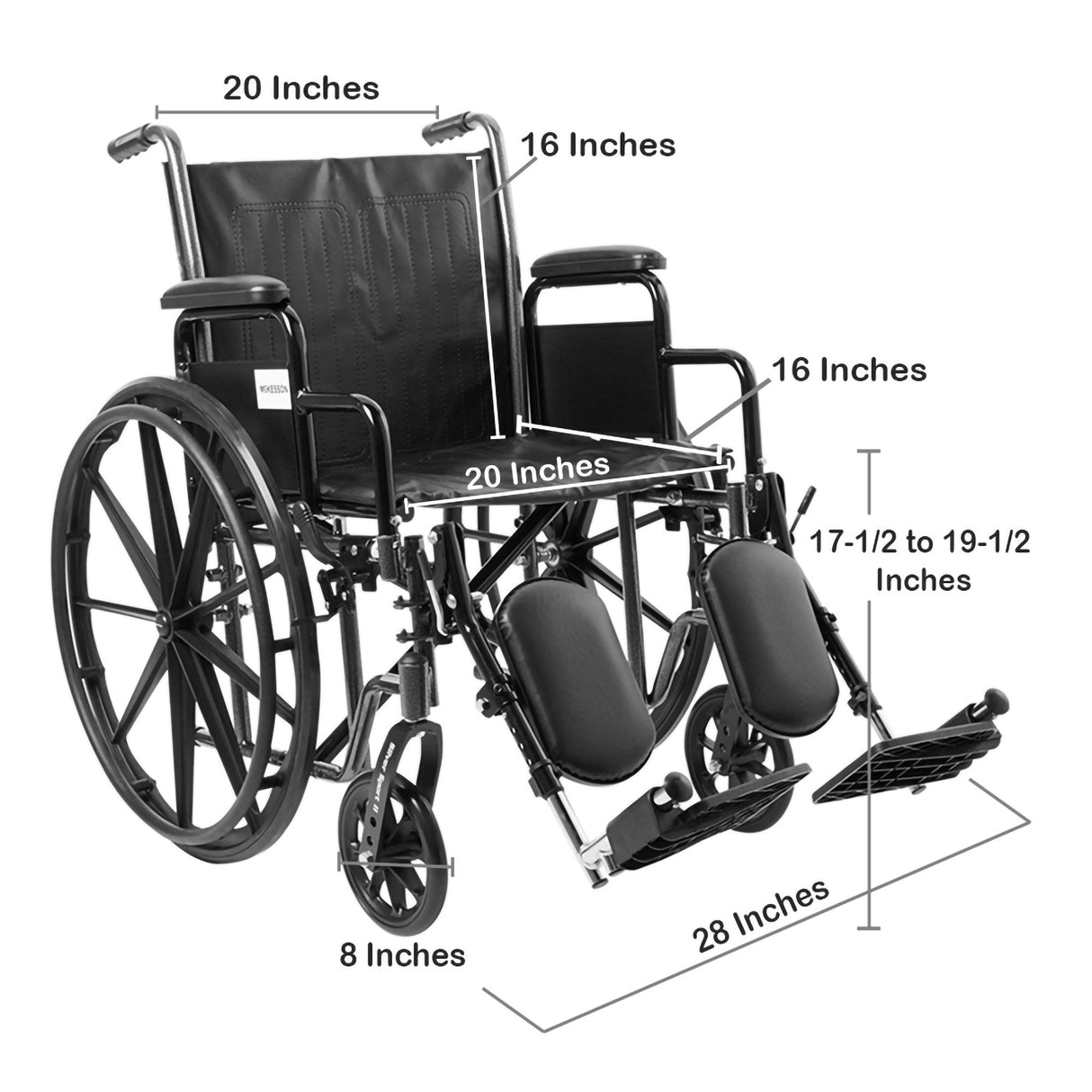 Wheelchair McKesson Dual Axle Desk Length Arm Swing-Away Elevating Legrest Black Upholstery 20 Inch Seat Width Adult 350 lbs. Weight Capacity - BeHope