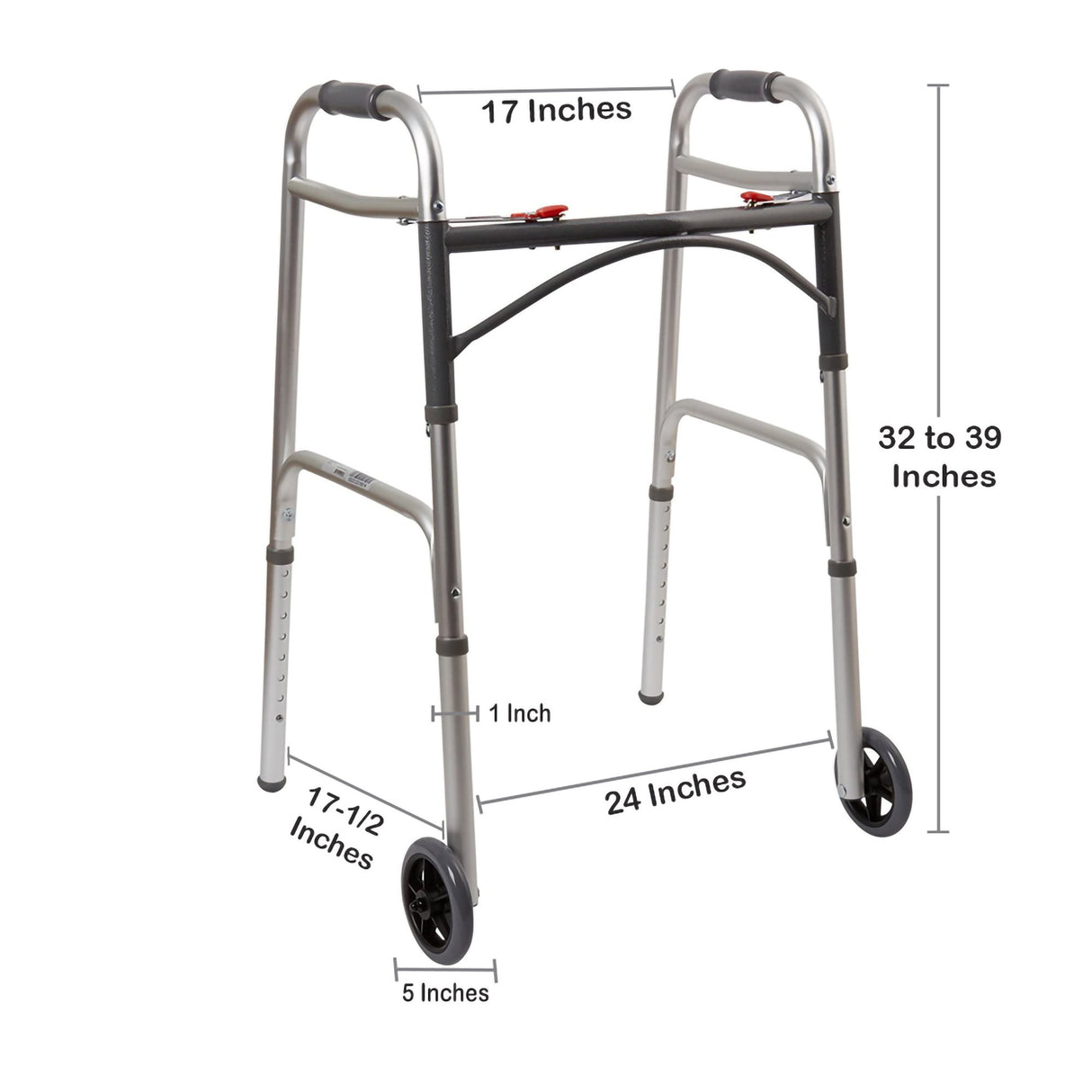 Dual Release Folding Walker with Wheels Adjustable Height McKesson Aluminum Frame 350 lbs. Weight Capacity 32 to 39 Inch Height - BeHope