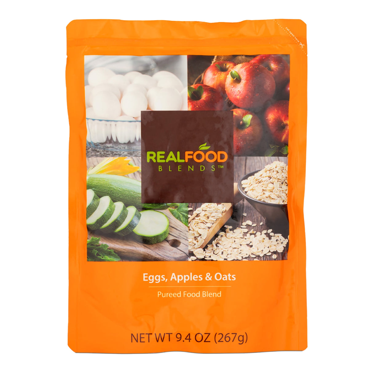 Tube Feeding Formula Real Food Blends® Apples, Whole Eggs, Water, Zucchini, Falxseed Oil, Rolled Oats (Oats are certified gluten-free.) Liquid 9.4 oz. Pouch - BeHope