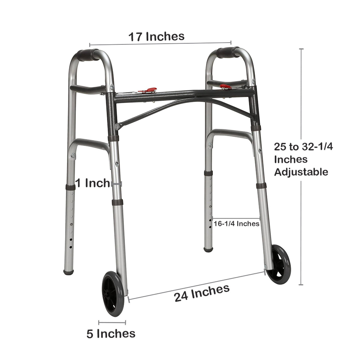 Dual Release Folding Walker with Wheels Adjustable Height McKesson Aluminum Frame 350 lbs. Weight Capacity 25 to 32-1/4 Inch Height - BeHope