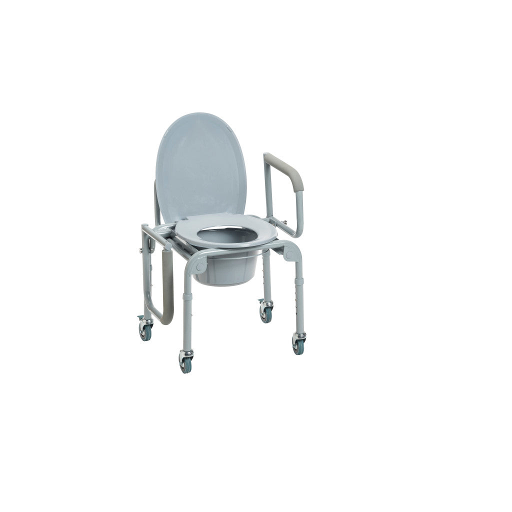 Steel Drop-Arm Commode with Wheels and Padded Armrests -BeHope