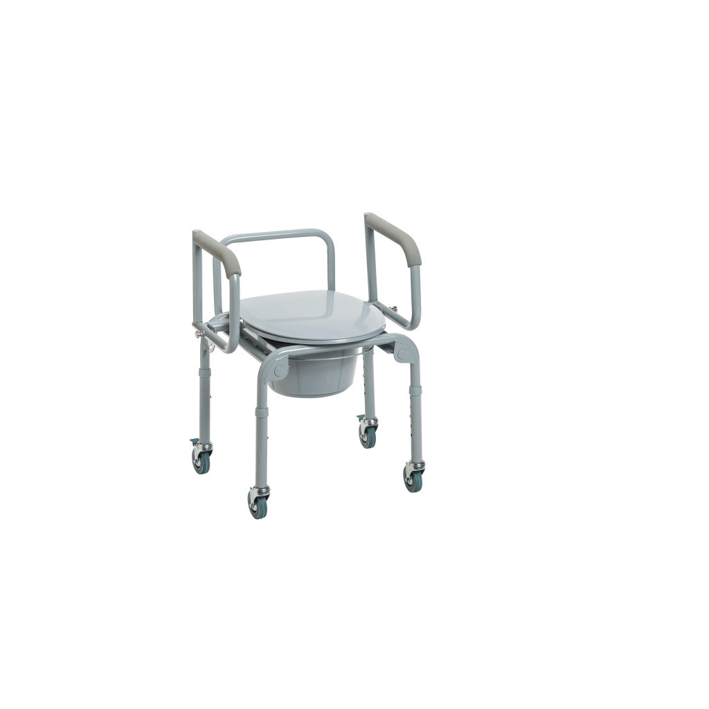 Steel Drop-Arm Commode with Wheels and Padded Armrests -BeHope