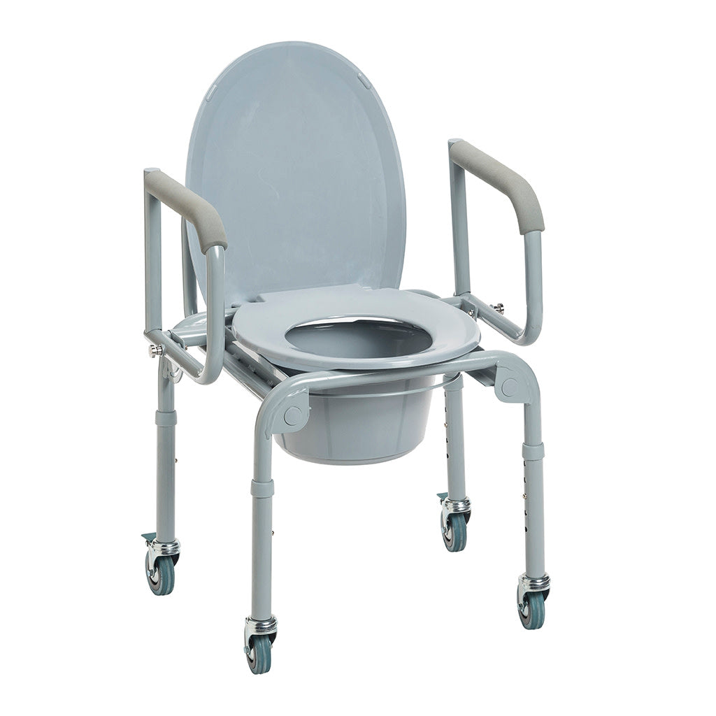 Steel Drop-Arm Commode with Wheels and Padded Armrests -BeHope