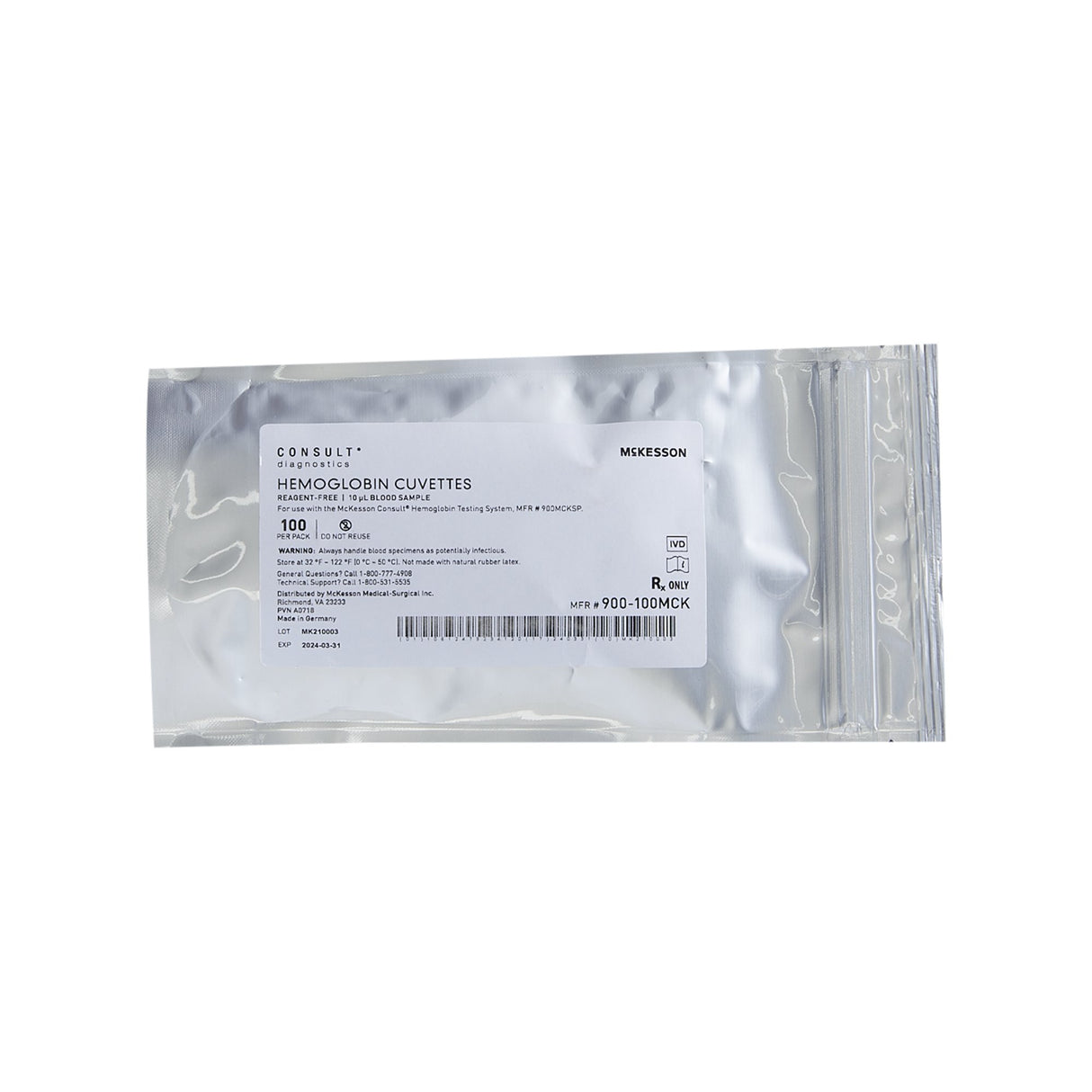 Hematology Reagent Microcuvette McKesson Consult® Hb Hemoglobin (Hb) CLIA Waived For McKesson Consult Hb Hemoglobin Testing System, MFR 900MCKSP 100 Microcuvettes per Vial - BeHope