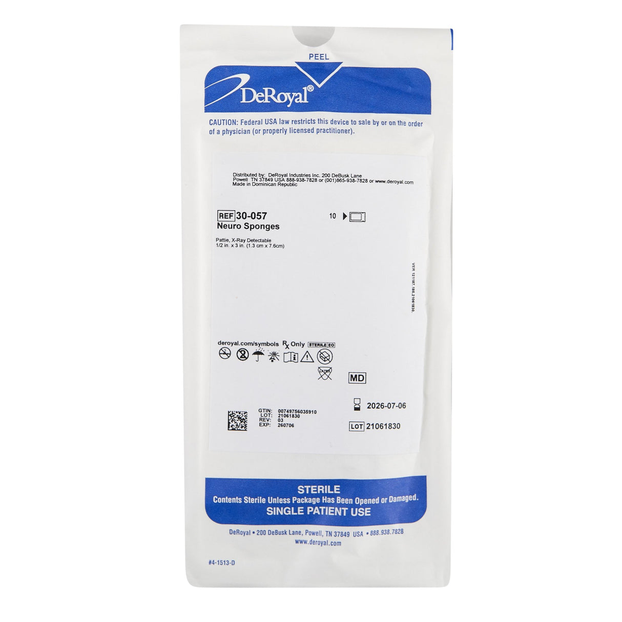 Surgical Neuro Sponge X-Ray Detectable Rayon 1/2 X 3 Inch 10 Count Soft Pack Sterile - BeHope