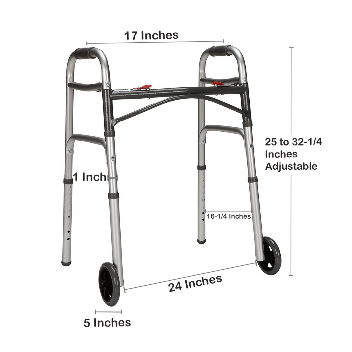 Dual Release Folding Walker with Wheels Adjustable Height McKesson Aluminum Frame 350 lbs. Weight Capacity 25 to 32-1/4 Inch Height - BeHope