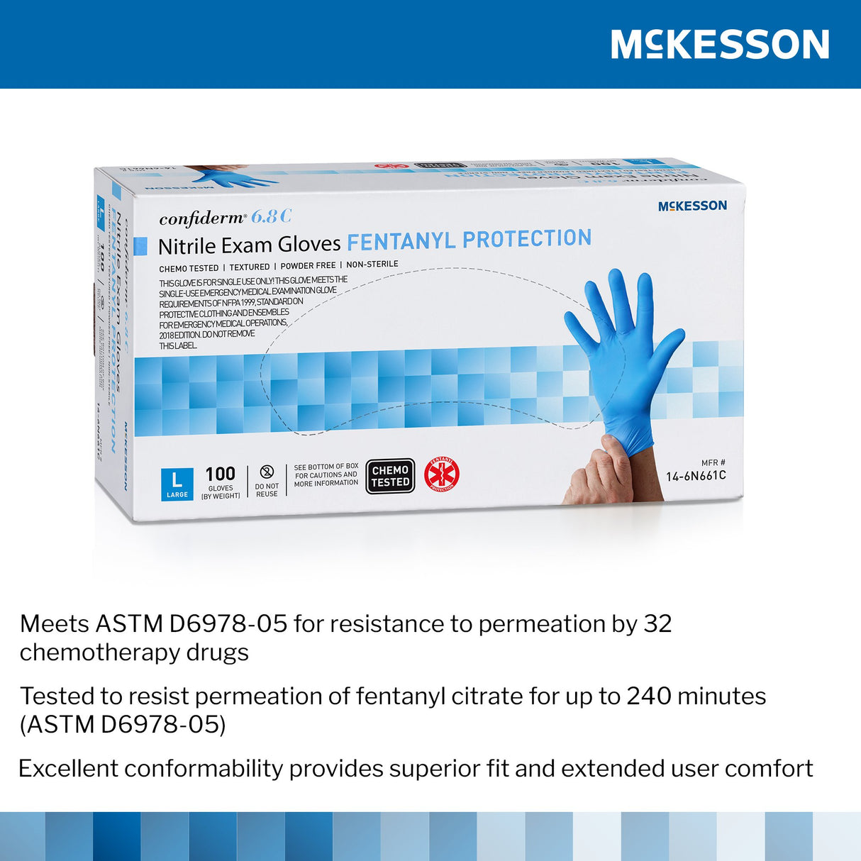 Exam Glove McKesson Confiderm® 6.8C Large NonSterile Nitrile Standard Cuff Length Fully Textured Blue Chemo Tested / Fentanyl Tested - BeHope