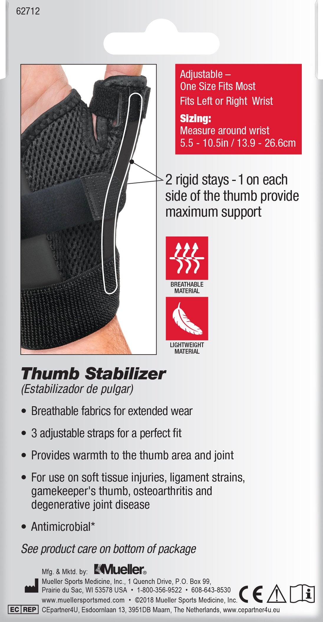 Thumb Stabilizer Mueller Sport Care® Adult One Size Fits Most D-Ring / Hook and Loop Strap Closure Left Hand Black - BeHope