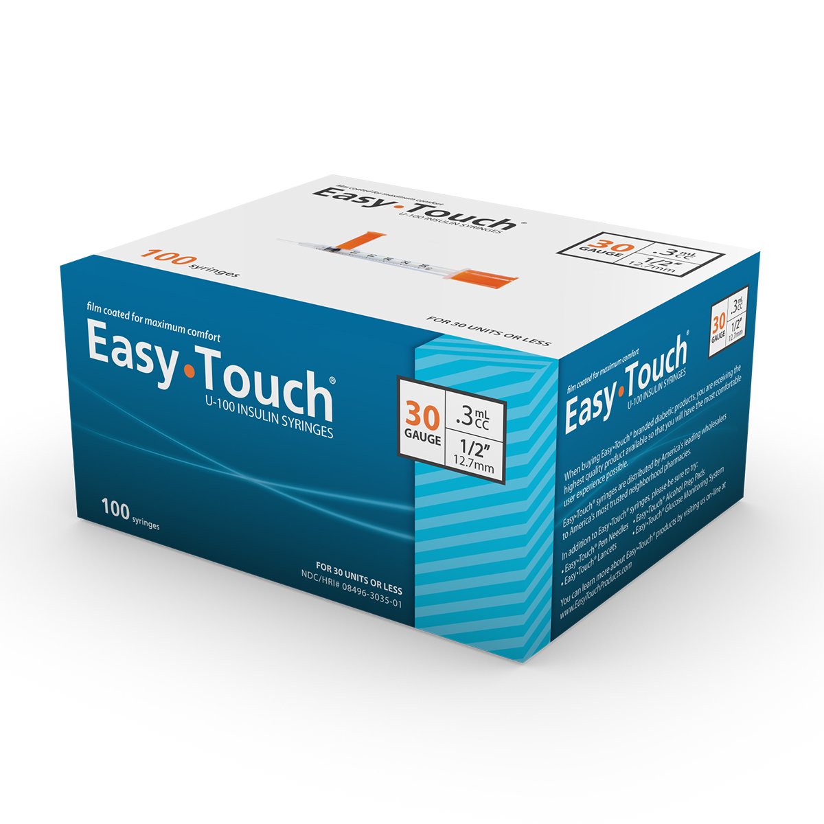 Standard Insulin Syringe with Needle EasyTouch™ 0.3 mL 1/2 Inch 30 Gauge NonSafety Thin Wall - BeHope