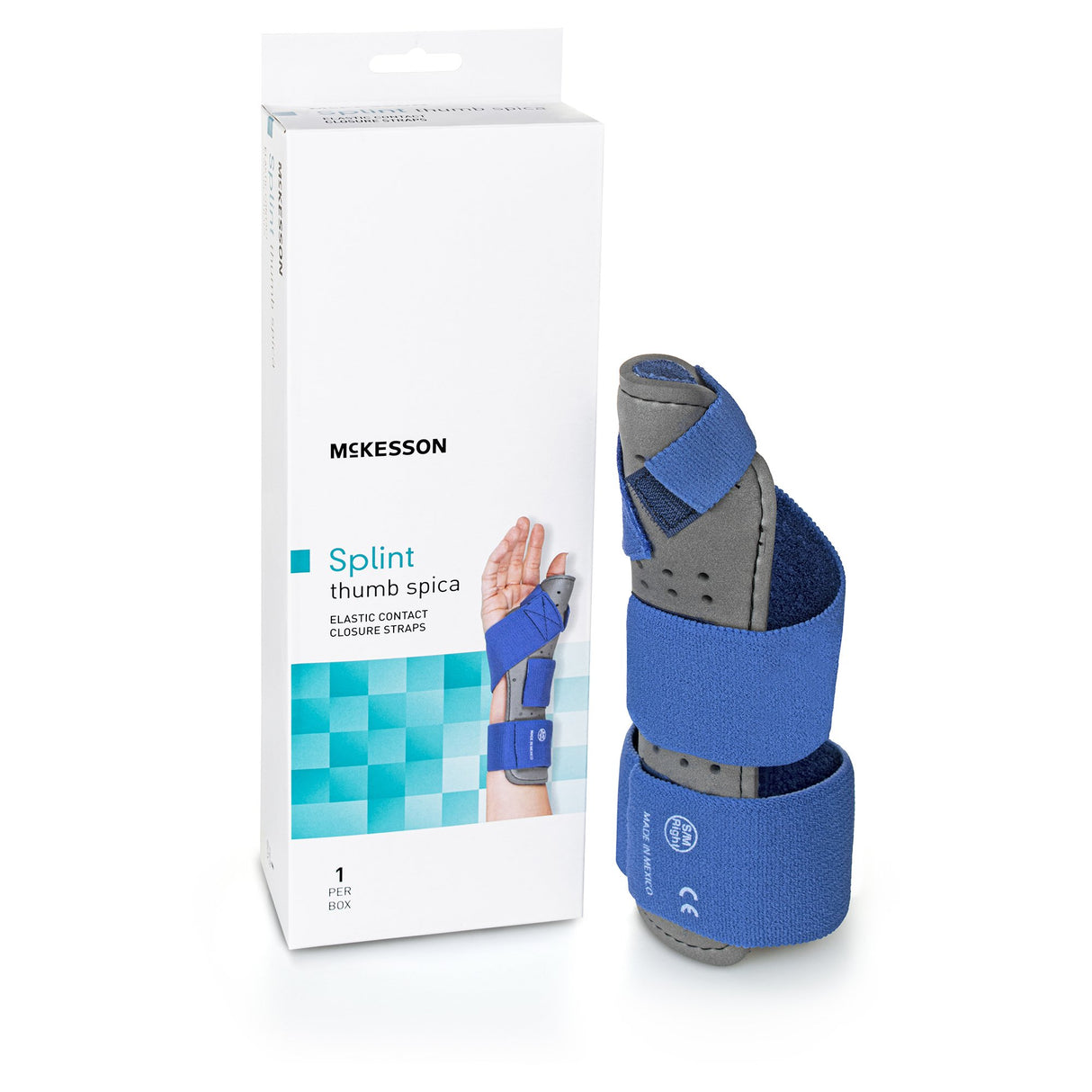 Wrist / Hand Brace with Thumb Spica McKesson Thumb Spica Nylon / Cotton-Terry / Foam / Elastic / Spandex Right Hand Blue / Gray Small / Medium - BeHope
