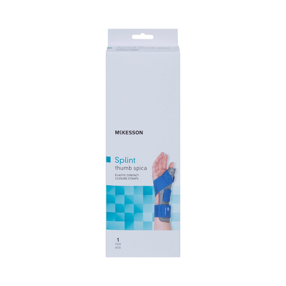Wrist Splint with Thumb Spica McKesson Thumb Spica Nylon / Cotton-Terry / Foam / Elastic / Spandex Left Hand Blue / Gray Small / Medium - BeHope