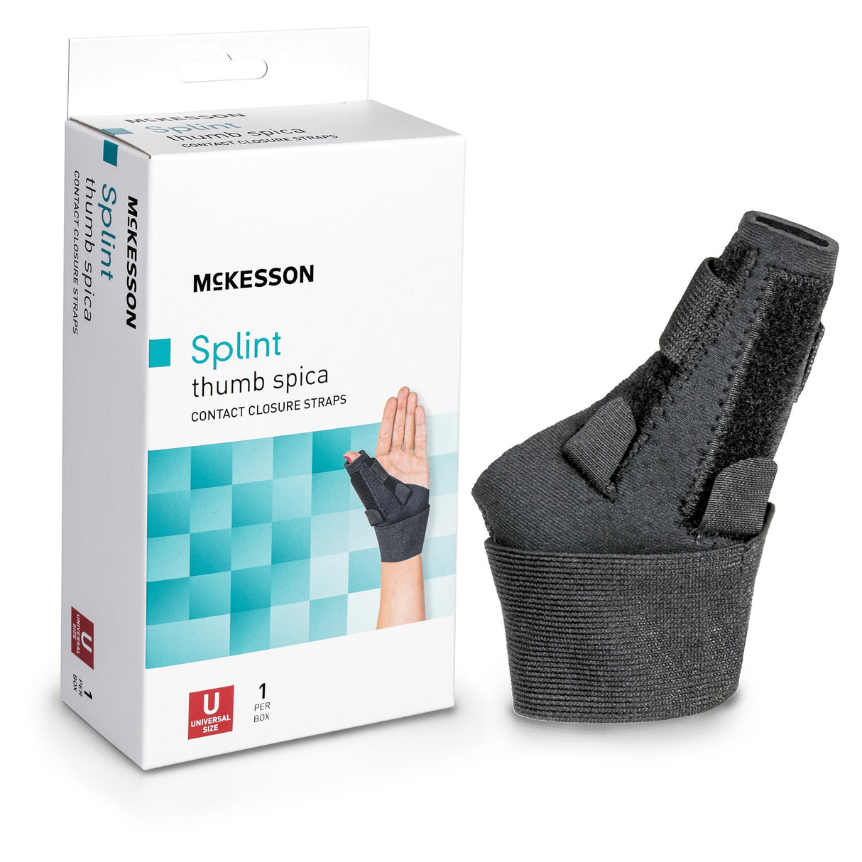 Wrist Brace with Thumb Spica McKesson Thumb Spica Nylon / Aluminum / Neoprene / Polyester / Spandex / Acrylic Left or Right Hand Black One Size Fits Most - BeHope