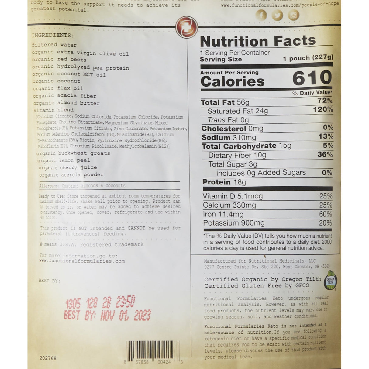 Oral Supplement Keto Peptide Flavored Liquid 8 oz. Pouch - BeHope