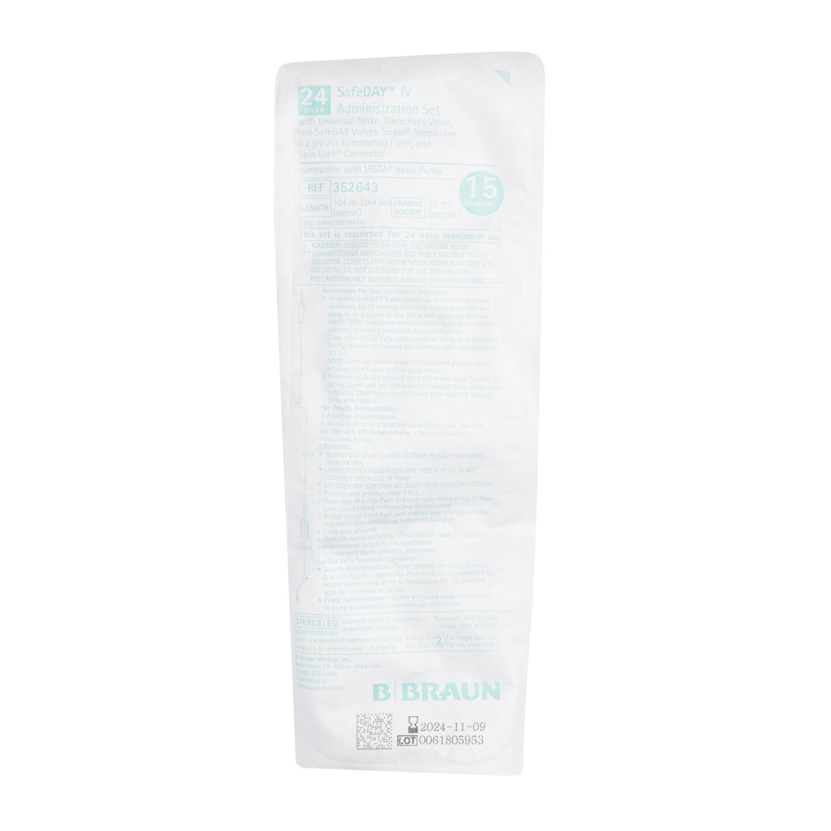 Primary IV Administration Set SafeDay™ 24 Hour Gravity 2 Ports 15 Drops / mL Drip Rate 0.2 Micron Filter 104 Inch Tubing Solution Without Flow Regulator - BeHope
