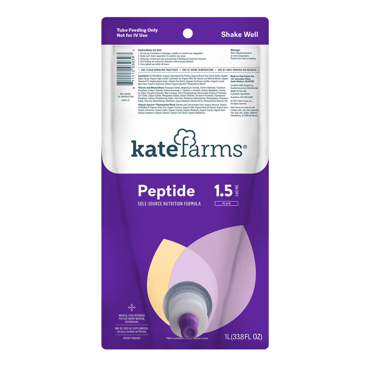 Tube Feeding Formula Kate Farms Peptide 1.5 Closed System Unflavored Liquid 1000 mL Ready to Hang Prefilled Container - BeHope