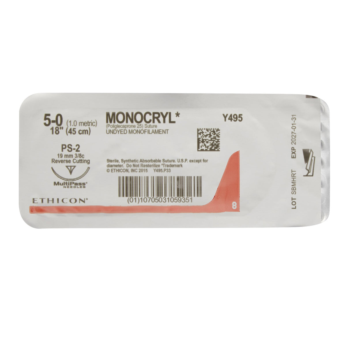 Absorbable Suture with Needle Monocryl™ Poliglecaprone PS-2 3/8 Circle Precision Reverse Cutting Needle Size 5-0 Monofilament - BeHope