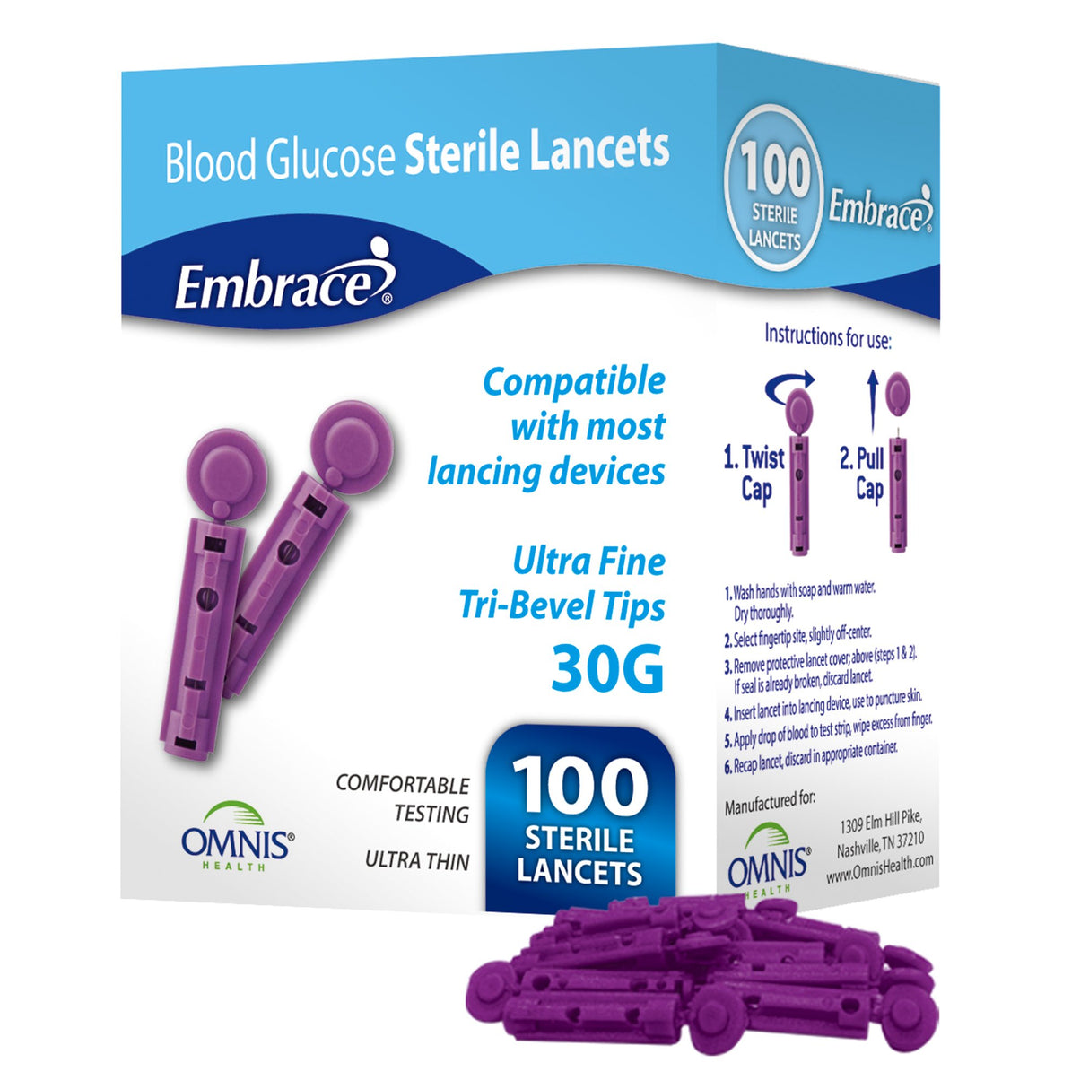 Lancet for Lancing Device Embrace® 30 Gauge Non-Safety Twist Off Cap Finger - BeHope