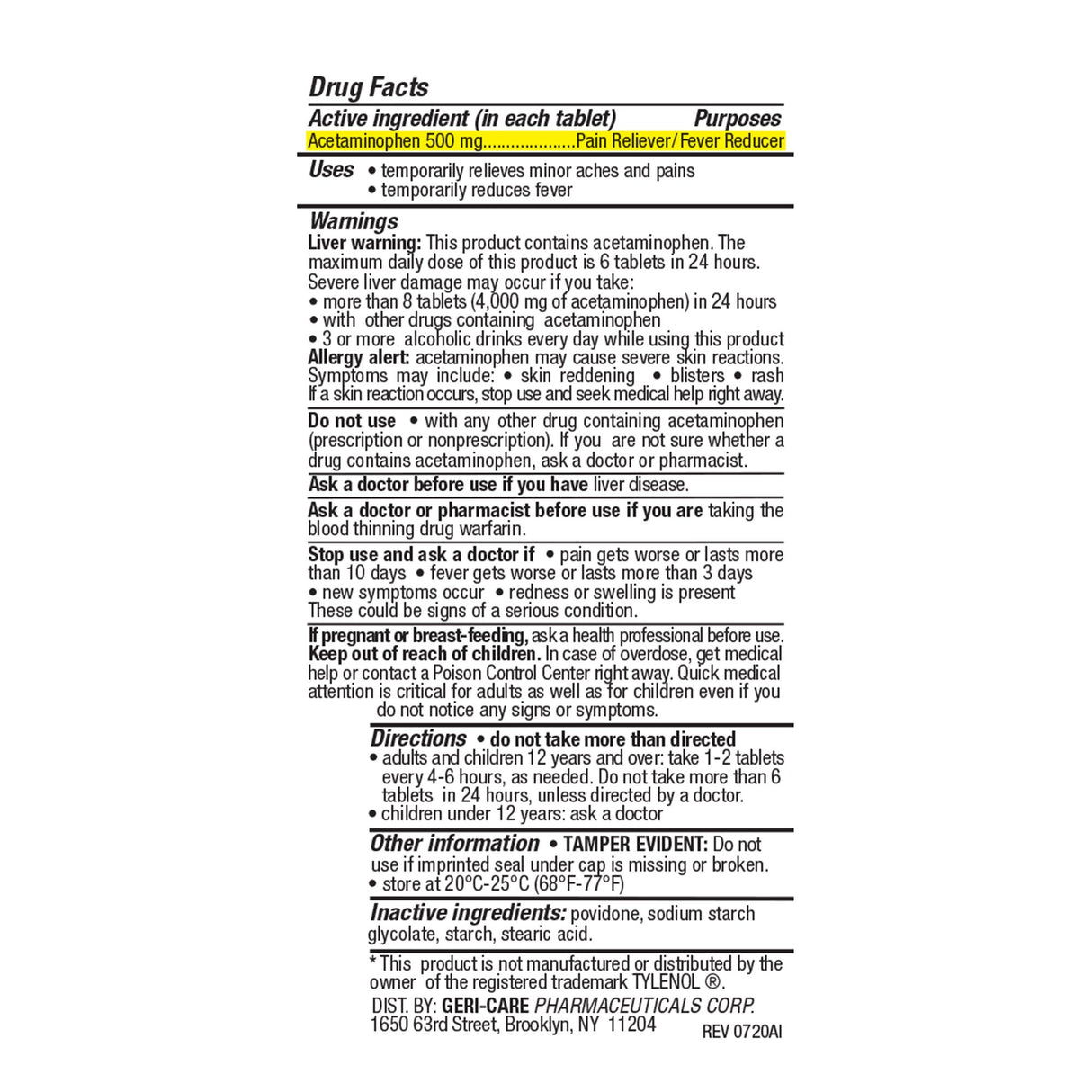 Pain Relief 500 mg Strength Acetaminophen Tablet 50 per Bottle - BeHope