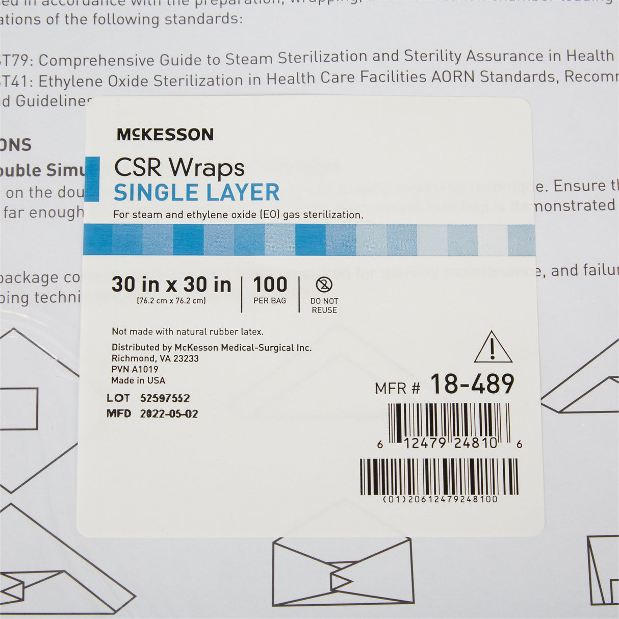 McKesson Sterilization Wrap Blue 30 X 30 Inch Single Layer Cellulose Steam / EO Gas - BeHope