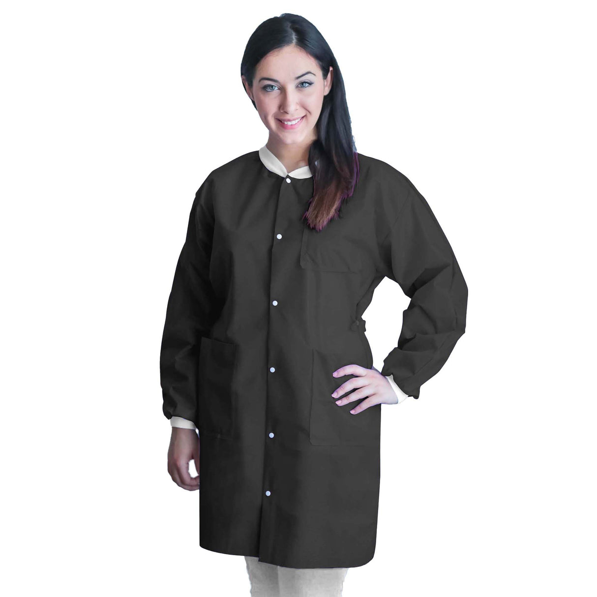 Lab Coat FitMe™ Black Large Knee Length 3-Layer SMS Disposable - BeHope