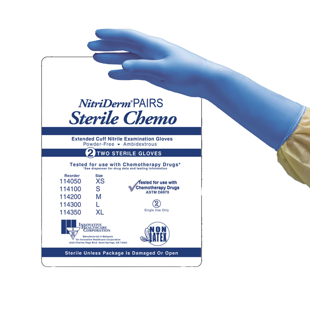Exam Glove NitriDerm® EC Medium Sterile Pair Nitrile Extended Cuff Length Smooth Blue Chemo Tested - BeHope