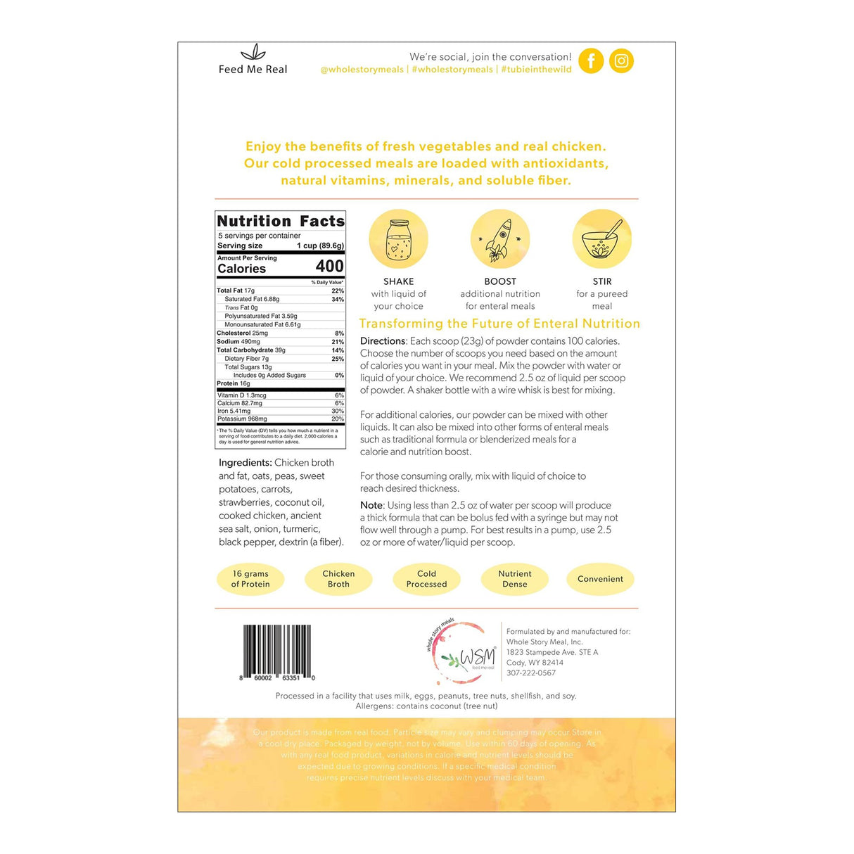 Oral Supplement Whole Story Meals Chicken / Peas / Carrot Flavor Powder 16 oz. Pouch - BeHope