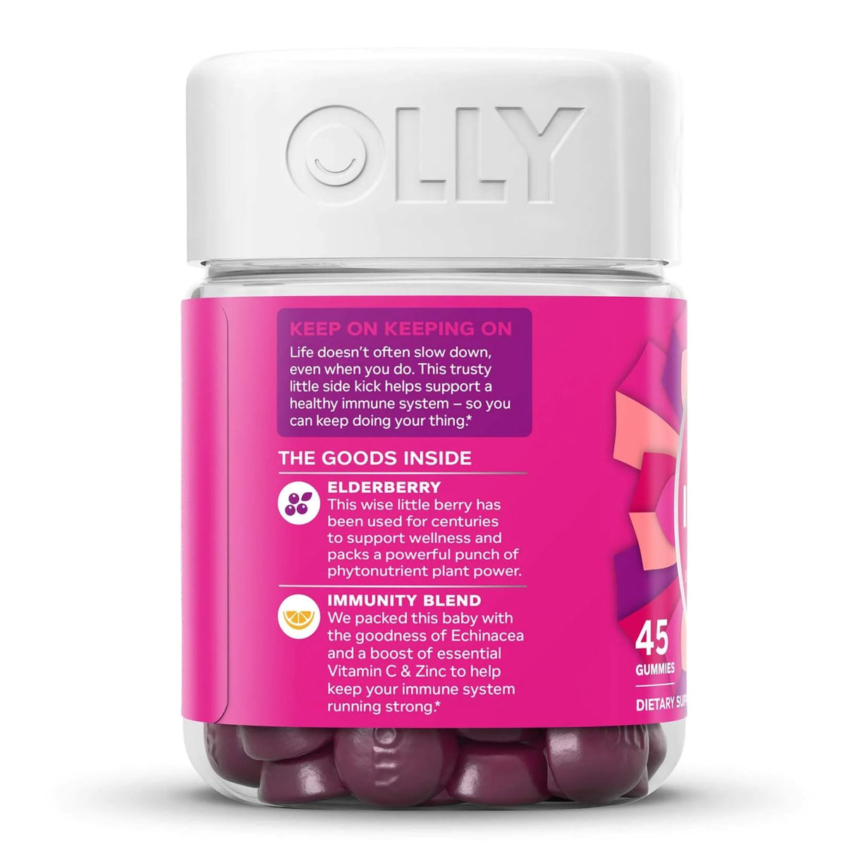 Dietary Supplement OLLY® Active Immunity+Elderberry Echinacea / Black Elderberry Extract / Zinc / Vitamin C 40 mg - 65 mg - 5 mg - 180 mg Strength Gummy 45 per Bottle Berry Brave Flavor - BeHope