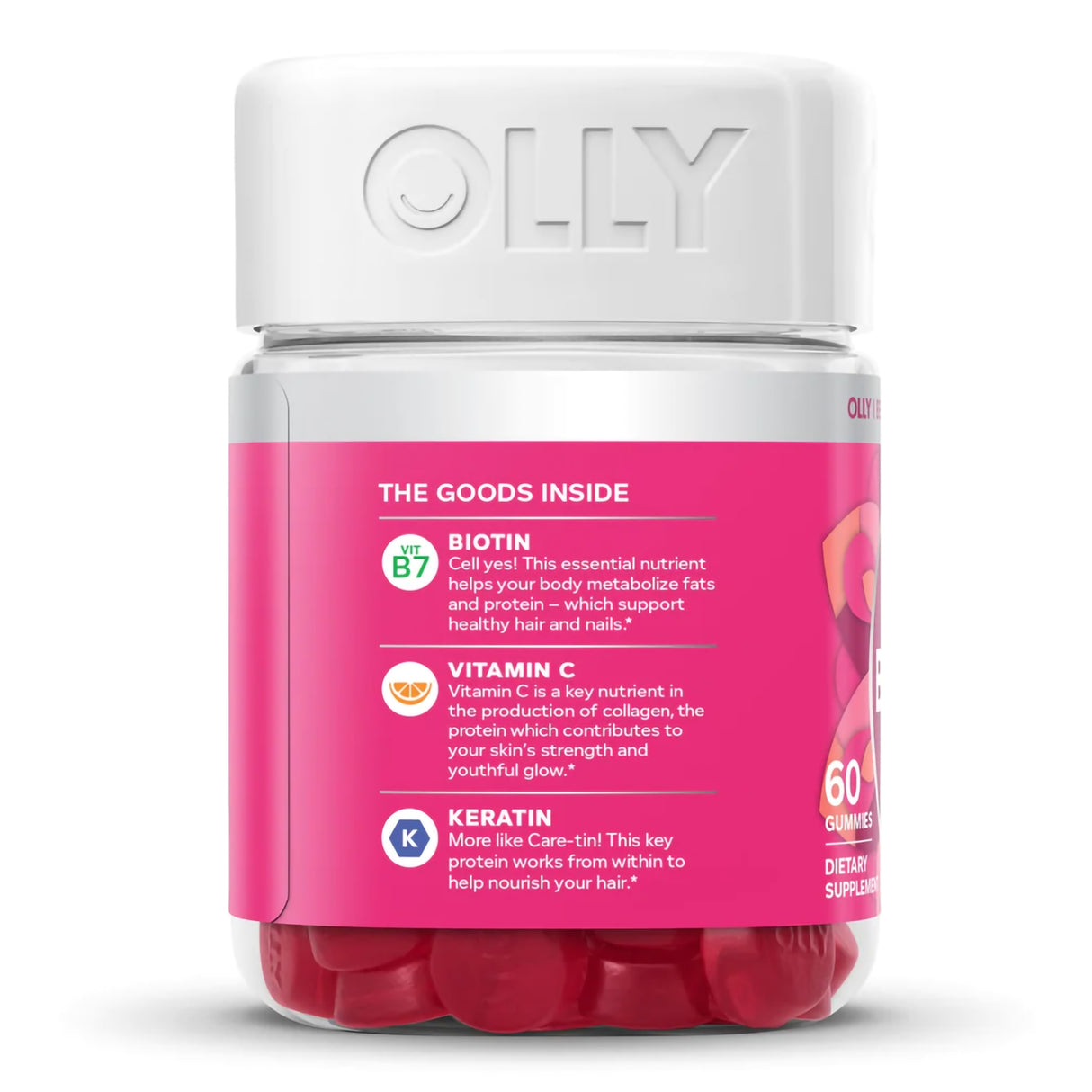 Dietary Supplement OLLY® Undeniable Beauty® Biotin / Vitamin C / Vitamin E / Keratin 2,500 mcg - 15 mg - 7.5 mg - 50 mg Strength Gummy 60 per Bottle Grapefruit Glam Flavor - BeHope