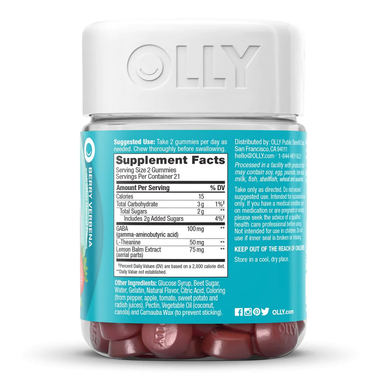 Dietary Supplement OLLY® Goodbye Stress® GABA / L-Theanine / Lemon Balm Extract 100 mg - 50 mg - 75 mg Strength Gummy 42 per Bottle Berry Verbena Flavor - BeHope