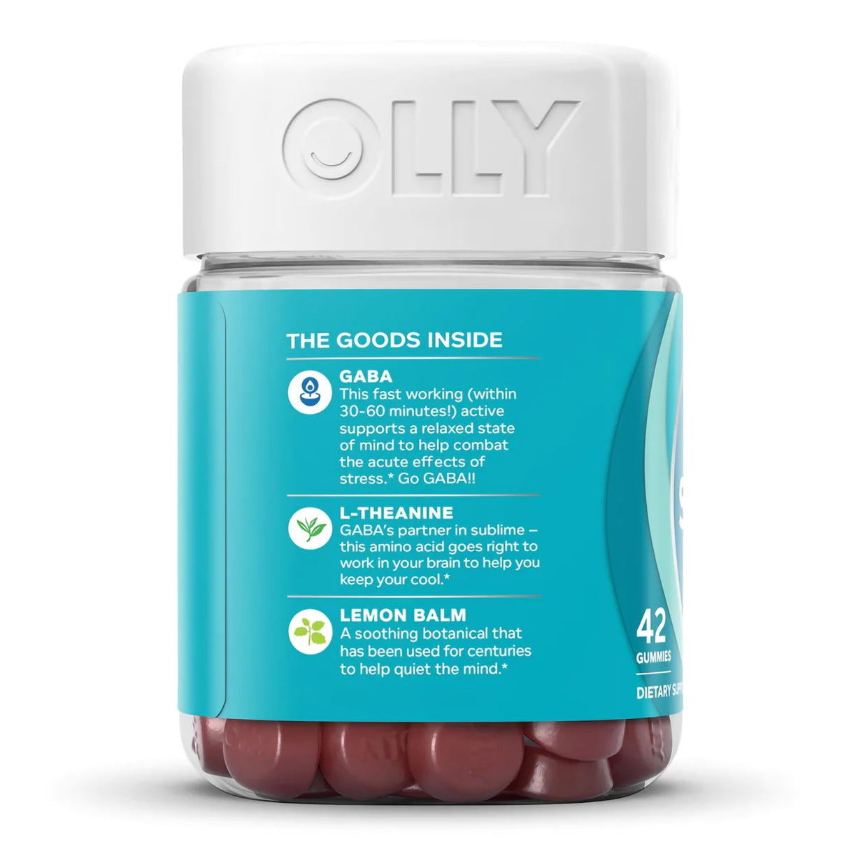 Dietary Supplement OLLY® Goodbye Stress® GABA / L-Theanine / Lemon Balm Extract 100 mg - 50 mg - 75 mg Strength Gummy 42 per Bottle Berry Verbena Flavor - BeHope
