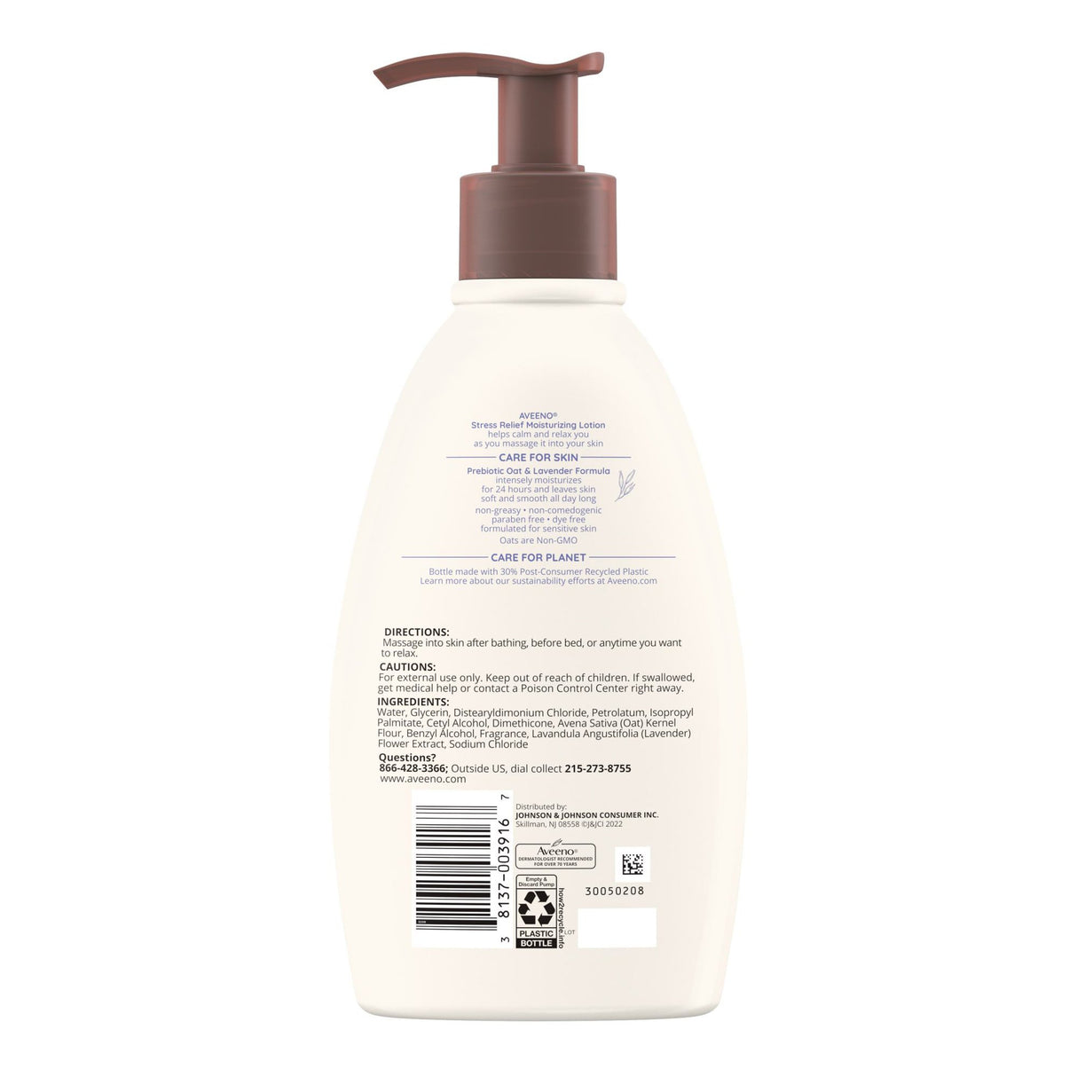 Hand and Body Moisturizer Aveeno® Stress Relief 12 oz. Pump Bottle Lavender Scent Lotion - BeHope