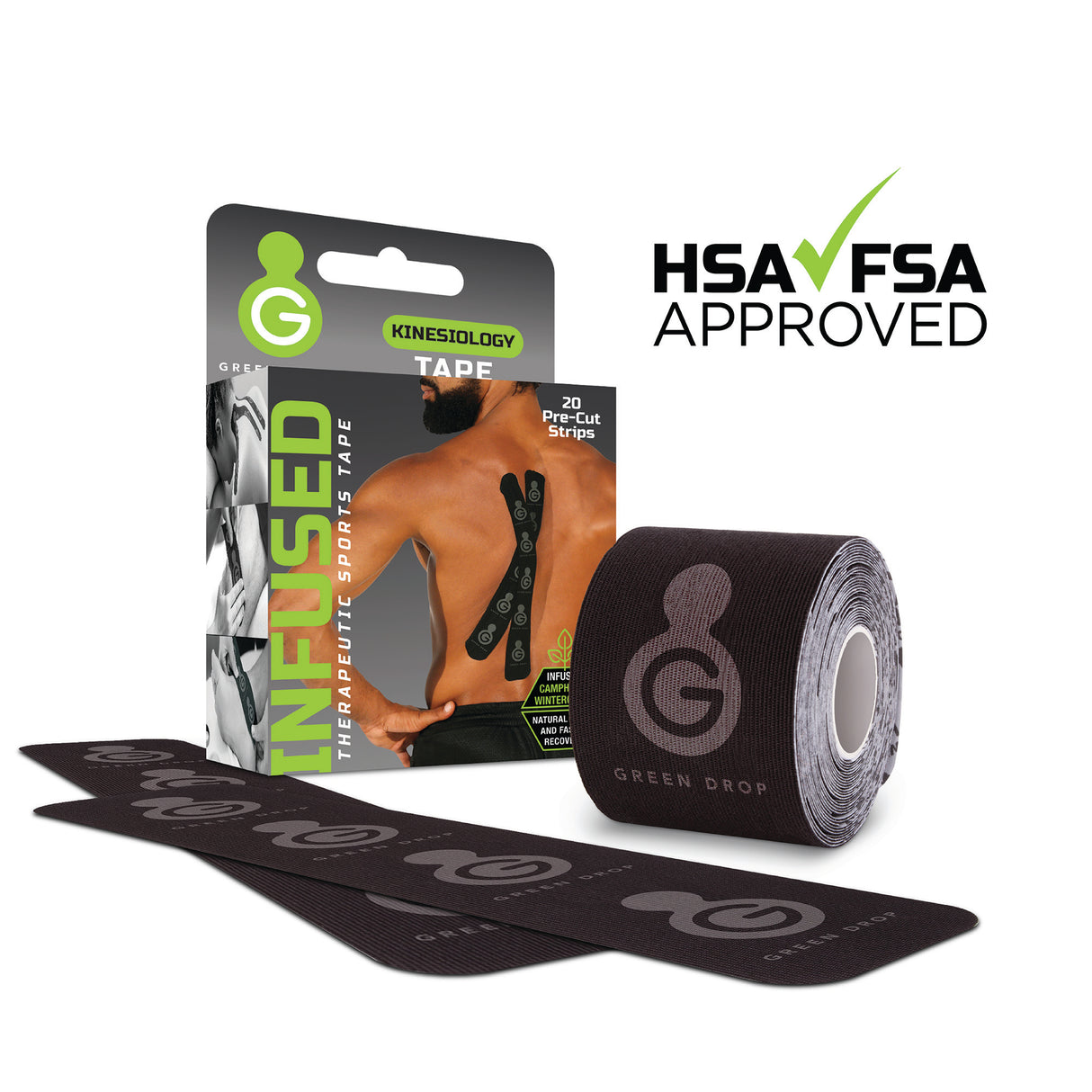 Kinesiology Tape Green Drop™ Black 2 X 10 Inch Nylon / Polyester / Spandex NonSterile - BeHope