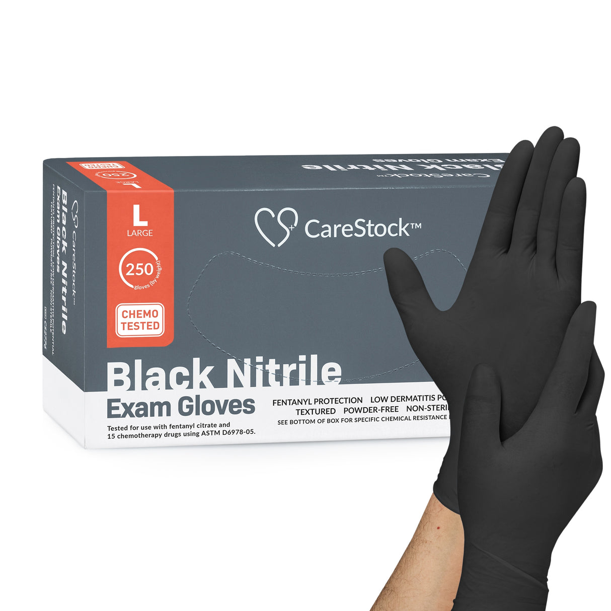 Exam Glove CareStock™ Large NonSterile Nitrile Standard Cuff Length Fully Textured Black Not Rated - BeHope