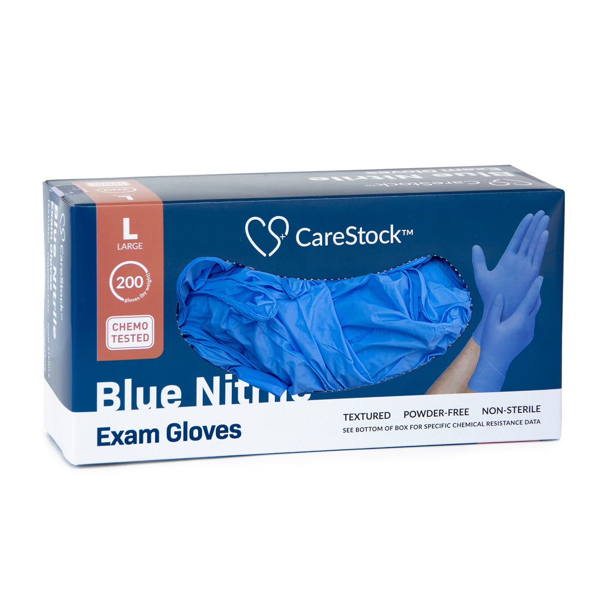 Exam Glove CareStock™ Large NonSterile Nitrile Standard Cuff Length Textured Fingertips Blue Chemo Tested - BeHope