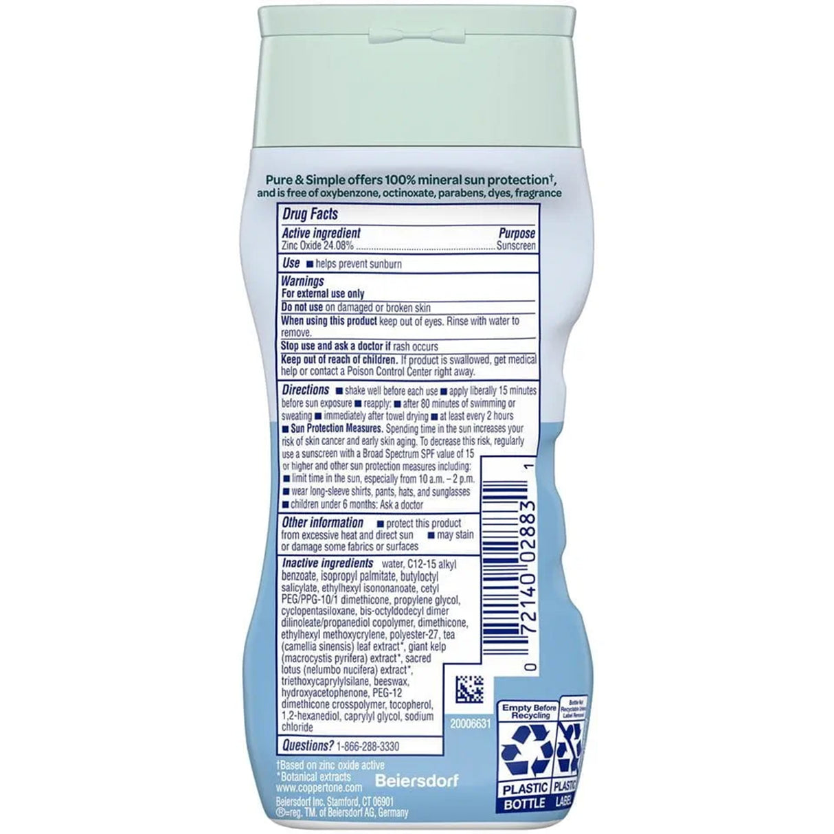 Sunscreen Coppertone® Pure and Simple SPF 50 Lotion 6 oz. Bottle - BeHope