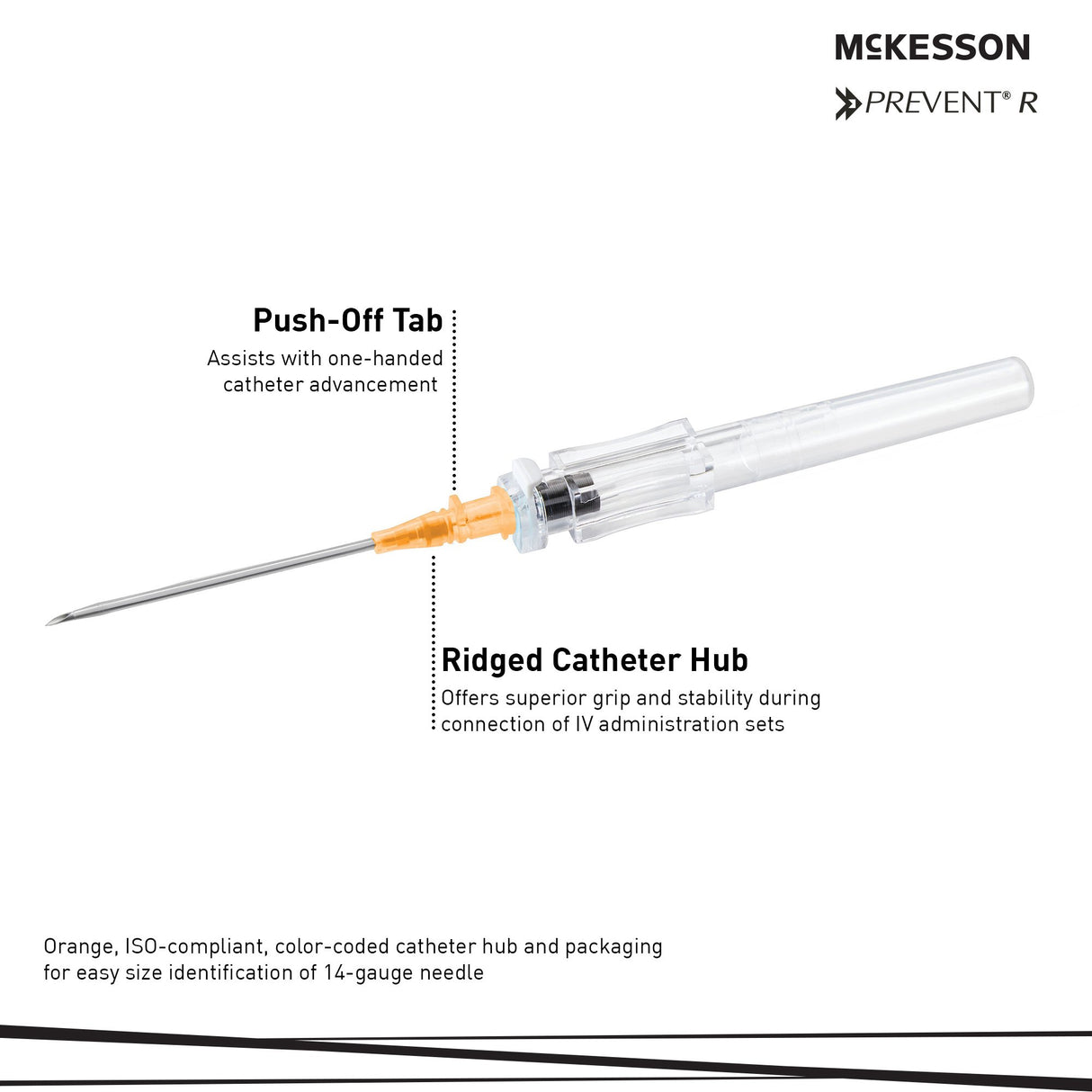 Peripheral IV Catheter McKesson 14 Gauge 1-3/4 Inch Polyurethane Straight Hub Non Blood Control Push Button Safety - BeHope