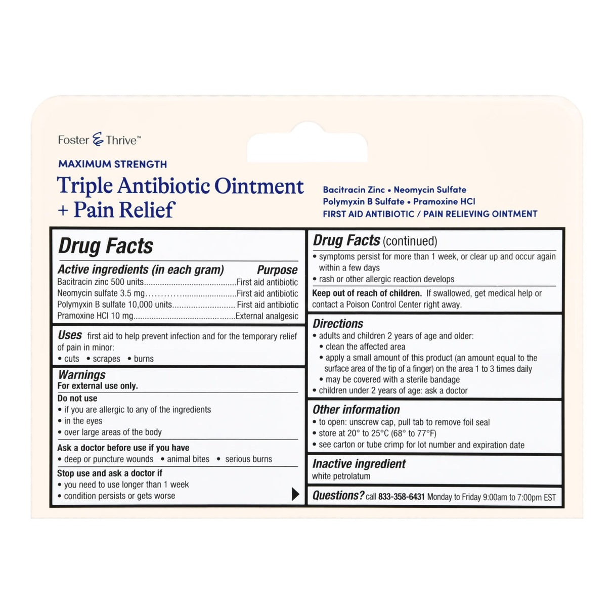 First Aid Antibiotic with Pain Relief Bacitracin / Neomycin / Polymyxin B / Pramoxine HCl Foster & Thrive™ Ointment 1 oz. Tube - BeHope