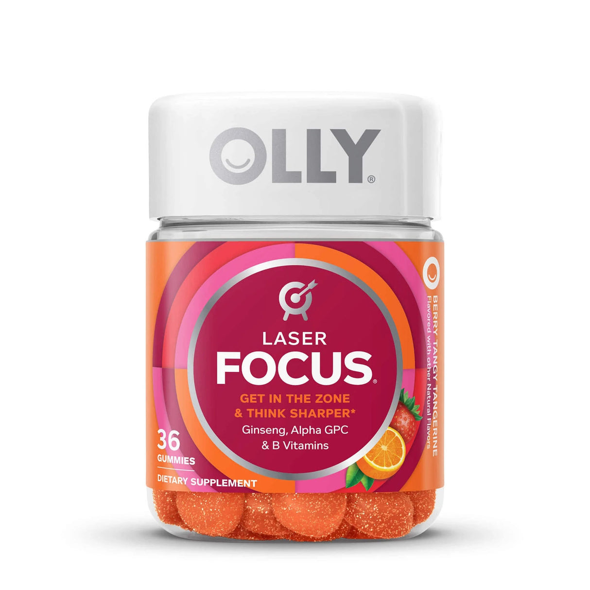 Dietary Supplement OLLY® Laser Focus B6 / B12 / Ginseng / Alpha GPC 2 mg - 50 mcg - 100 mg - 20 mg Strength Gummy 36 per Bottle Berry Tang Flavor - BeHope