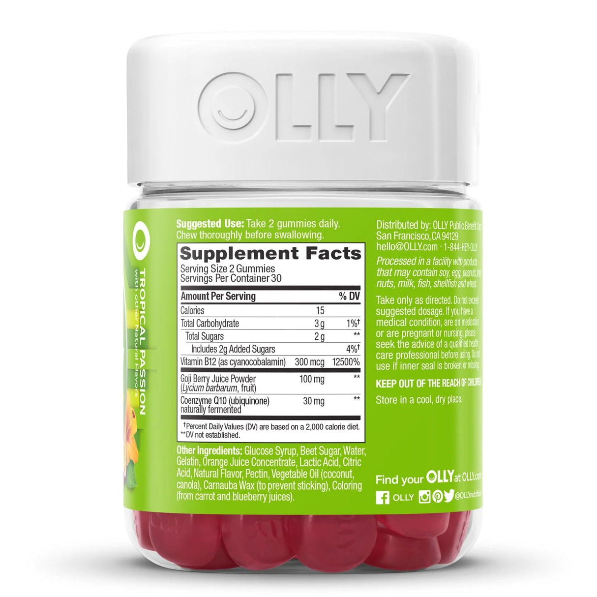 Dietary Supplement OLLY® Daily Energy Vitamin B12 / CoQ10 / Goji Berry 300 mcg - 30 mg - 100 mg Strength Gummy 60 per Bottle Tropical Passion Flavor - BeHope